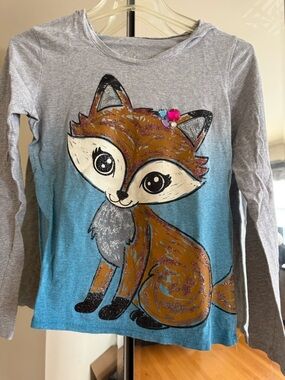 Justice Girls Long-Sleeve Fox Tee in Gray & Blue with Embellishments